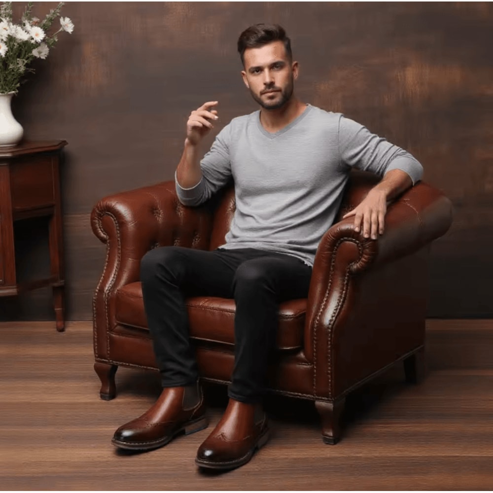 HeritageBrogue Mens Classic Brogue Chelsea Boots Comfortable Fashion Leather Ankle Shoes 0