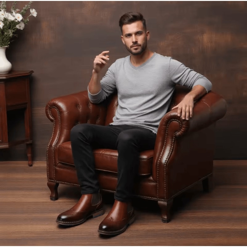 HeritageBrogue Mens Classic Brogue Chelsea Boots Comfortable Fashion Leather Ankle Shoes 0