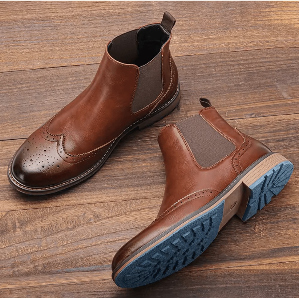 HeritageBrogue Mens Classic Brogue Chelsea Boots Comfortable Fashion Leather Ankle Shoes 1