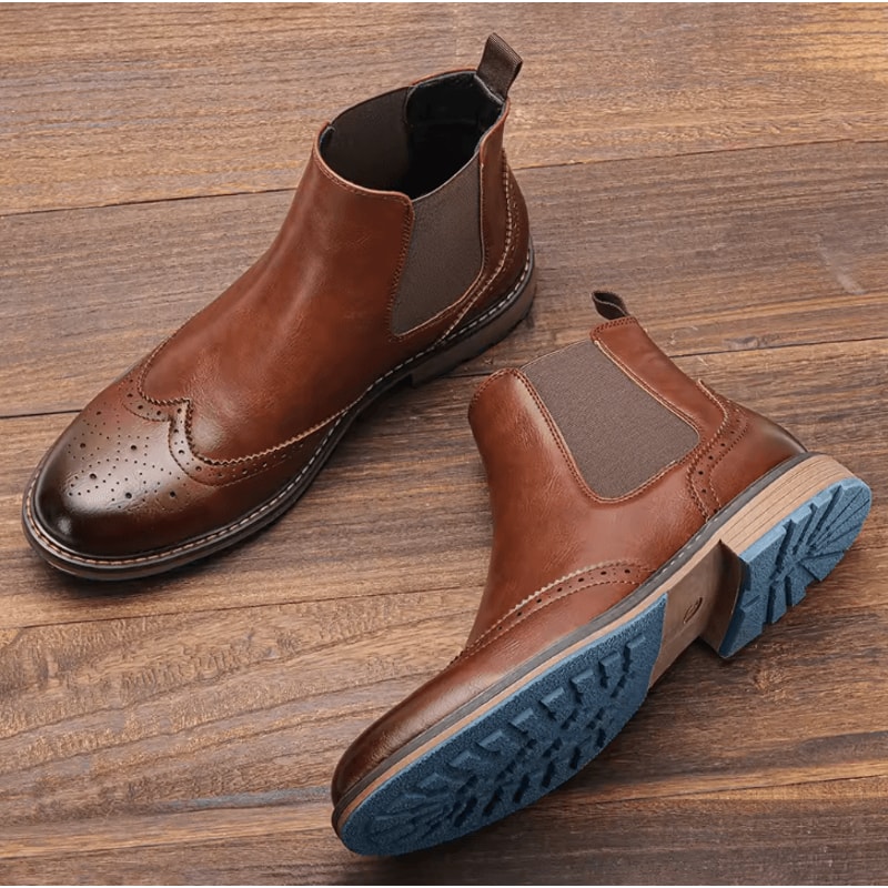 HeritageBrogue Mens Classic Brogue Chelsea Boots Comfortable Fashion Leather Ankle Shoes 1