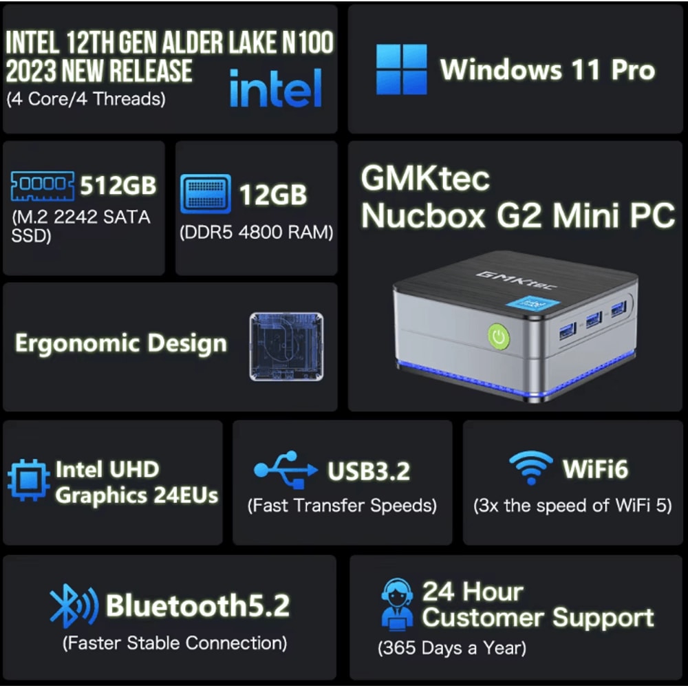 GMKtec G2 Mini PC Intel 12th Gen Alder Lake N100 12GB DDR5 512GB SSD Windows 11 Pro 1