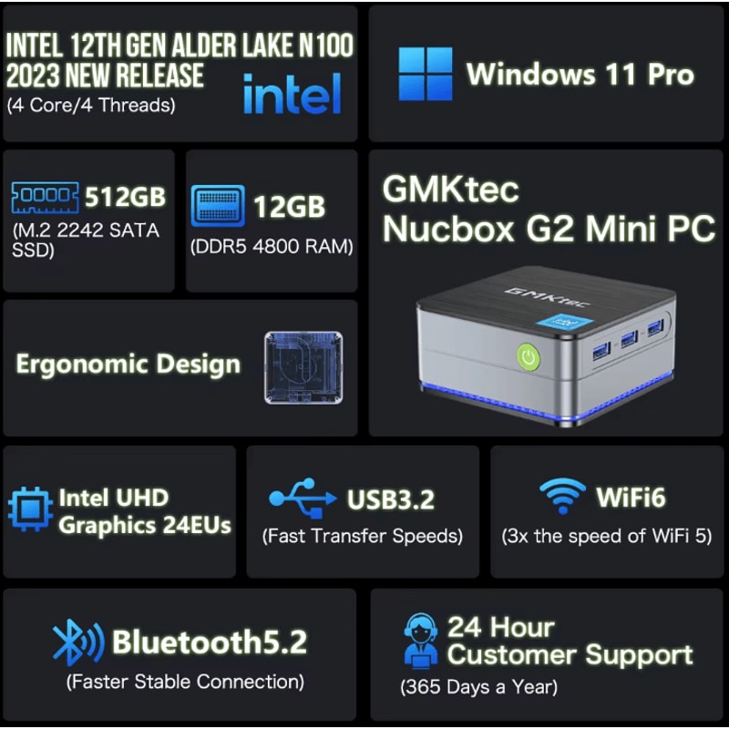 GMKtec G2 Mini PC Intel 12th Gen Alder Lake N100 12GB DDR5 512GB SSD Windows 11 Pro 1