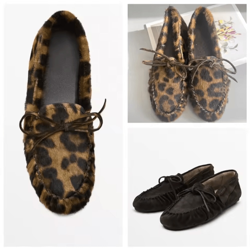 Women Cowhide Leather Bow And Leopard Print Casual Loafers Comfortable Slip On Shoes 0