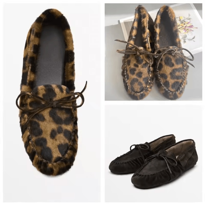 Women Cowhide Leather Bow And Leopard Print Casual Loafers Comfortable Slip On Shoes 0