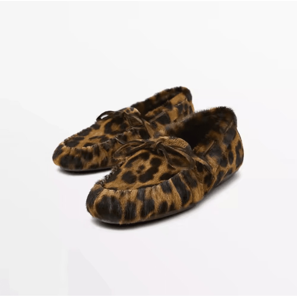 Women Cowhide Leather Bow And Leopard Print Casual Loafers Comfortable Slip On Shoes 5