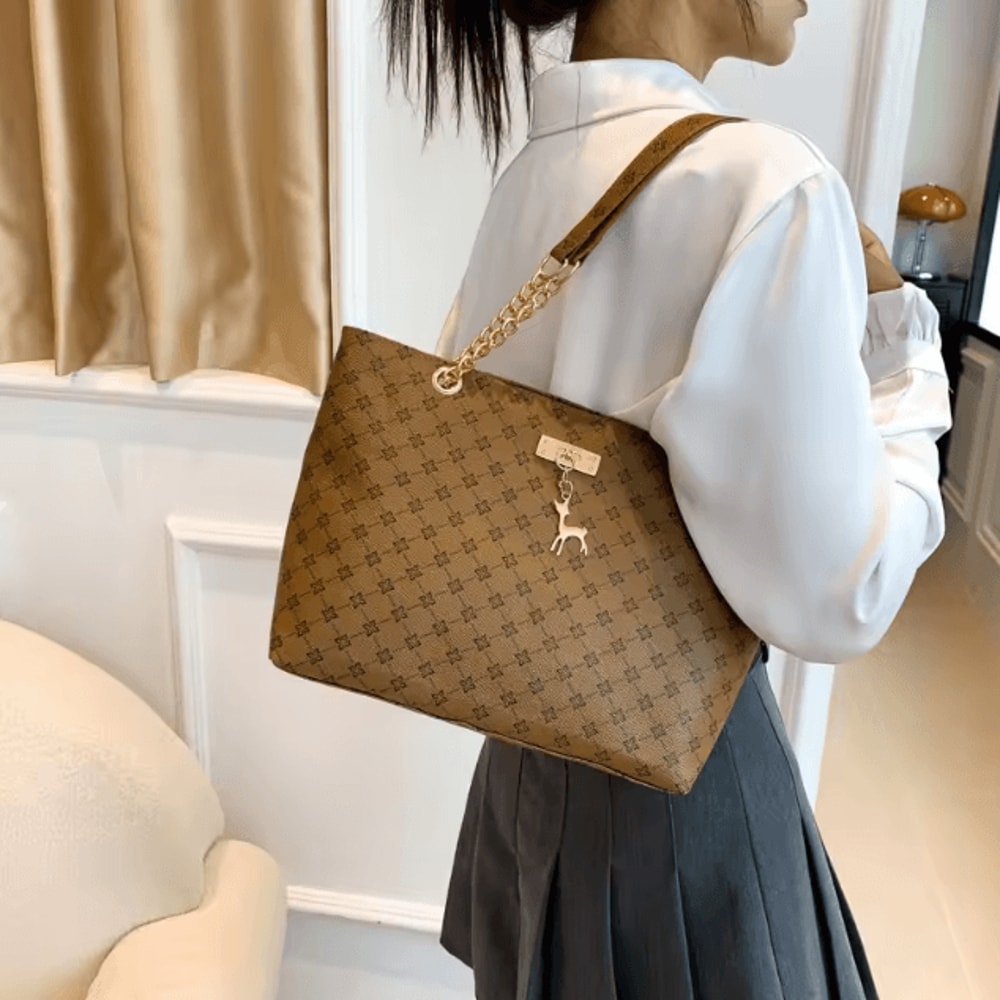 Soft Leather Large Capacity Womens Tote Bag With Hanging Accessory 1