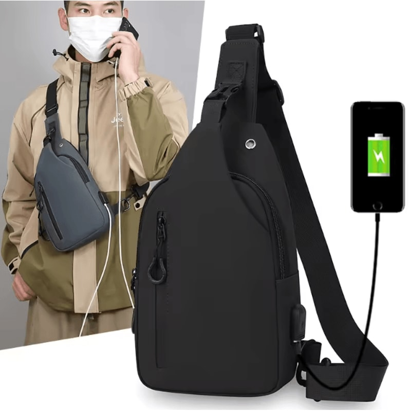 Mens USB Chest Bag Large Capacity Crossbody Lightweight Commuter And Travel Bag 0