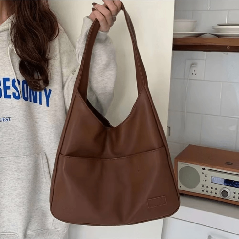 Large Black Leather Tote Bag For Women Fashionable Versatile Shoulder Handbag 2