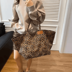 vintage leopard print handbag large capacity canvas tote shoulder bag for women