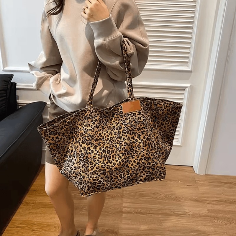 Vintage Leopard Print Handbag Large Capacity Canvas Tote Shoulder Bag For Women 0