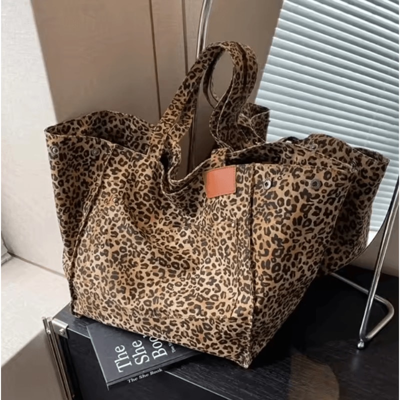 Vintage Leopard Print Handbag Large Capacity Canvas Tote Shoulder Bag For Women 4
