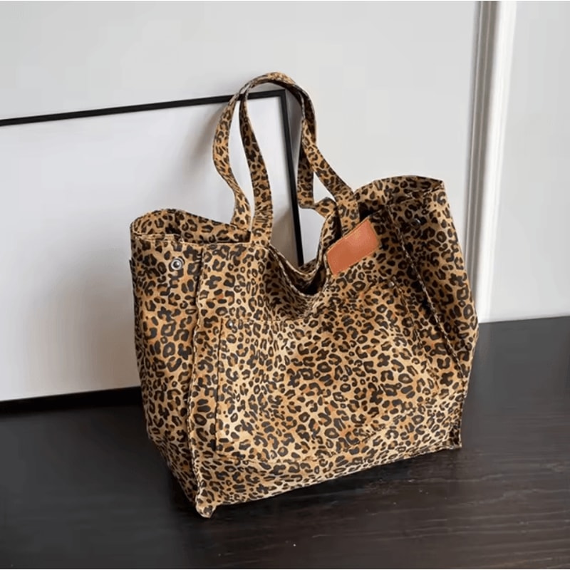 Vintage Leopard Print Handbag Large Capacity Canvas Tote Shoulder Bag For Women 5