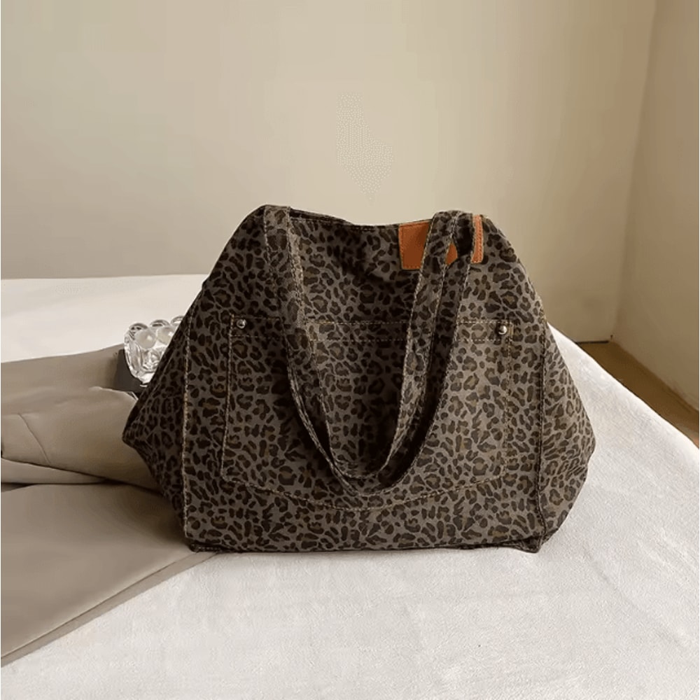 Vintage Leopard Print Handbag Large Capacity Canvas Tote Shoulder Bag For Women 6