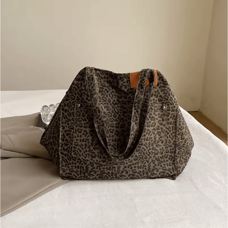 Vintage Leopard Print Handbag Large Capacity Canvas Tote Shoulder Bag For Women 6