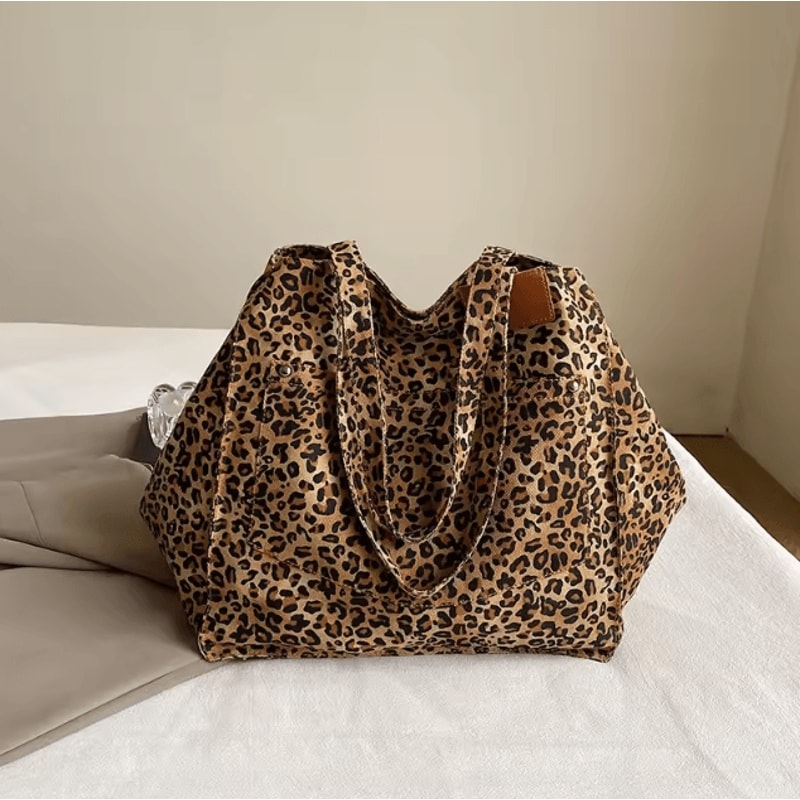 Vintage Leopard Print Handbag Large Capacity Canvas Tote Shoulder Bag For Women 7