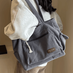 corduroy tote bag with multi pockets large everyday casual shoulder bag for women
