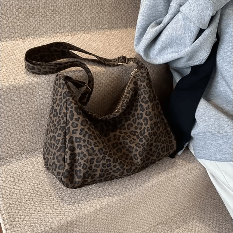 Leopard Print Shoulder Bag Large Capacity Soft Textile Crossbody Tote For Women 0