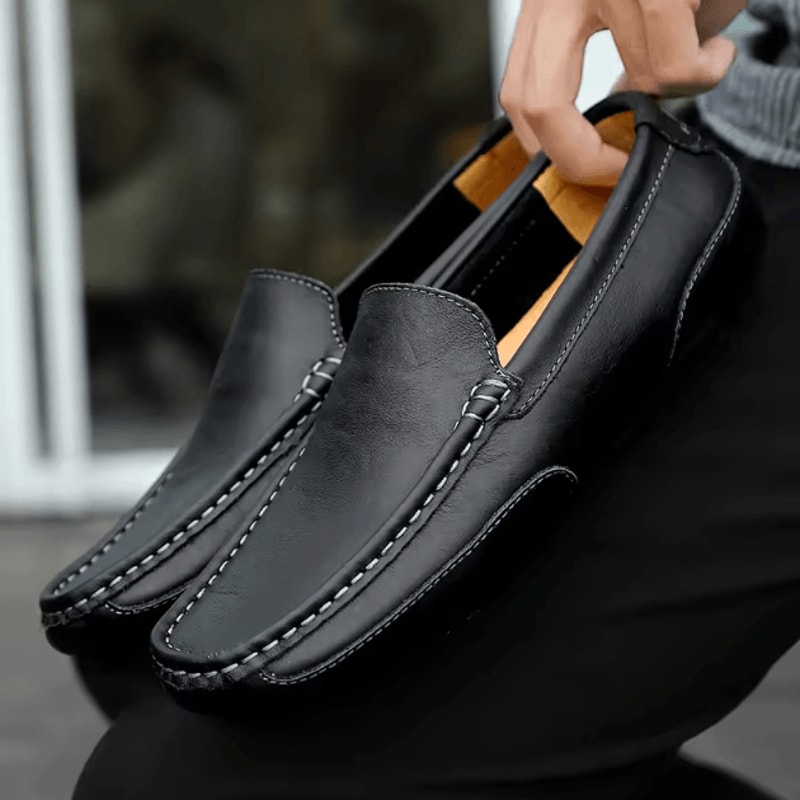 Mens Genuine Leather Breathable Casual Slip On Loafers Lightweight Driving Shoes 2