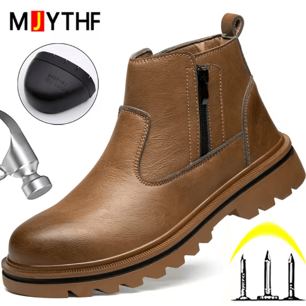 Mens Safety Steel Toe Work Boots Brown Leather Puncture Proof Protection Shoes 6