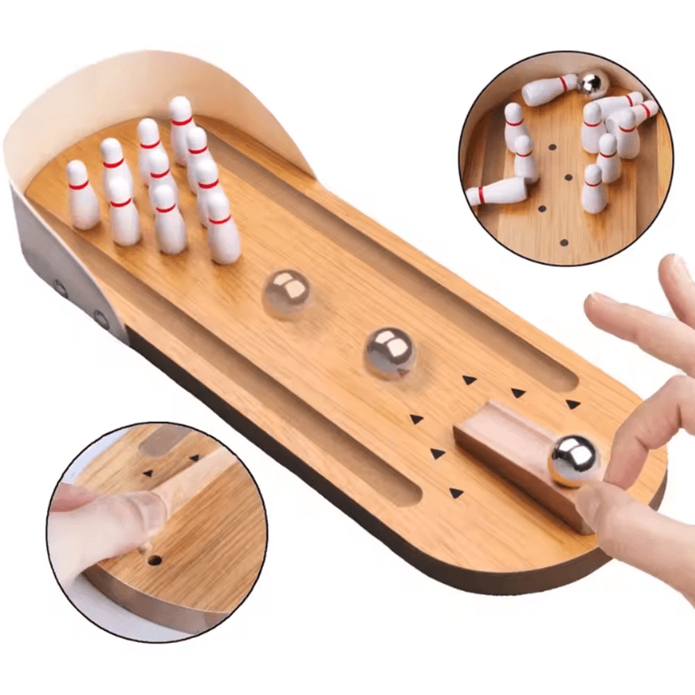 Mini Bowling Game Wooden Tabletop Arcade Finger Stress Relief Toy For Kids And Adults 0