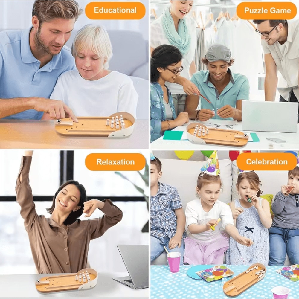 Mini Bowling Game Wooden Tabletop Arcade Finger Stress Relief Toy For Kids And Adults 4