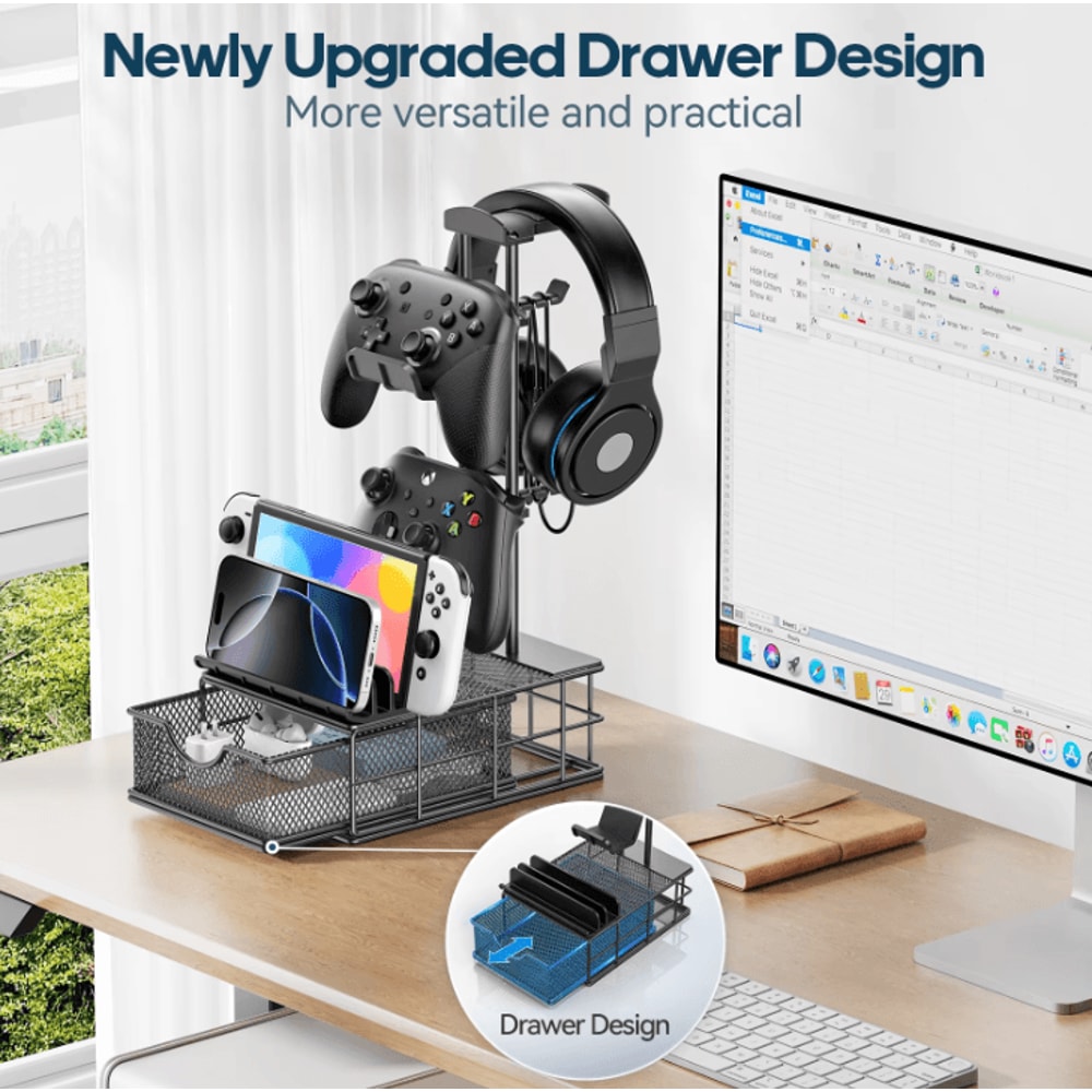 Headphone Stand With Drawer Headset And Controller Holder For Desk 0