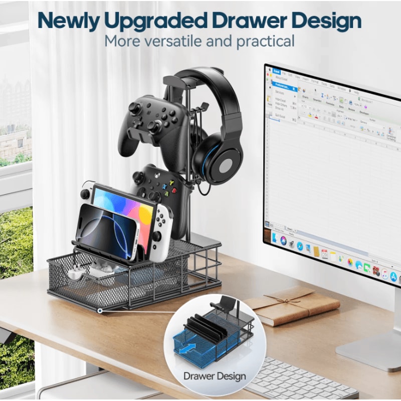 Headphone Stand With Drawer Headset And Controller Holder For Desk 0