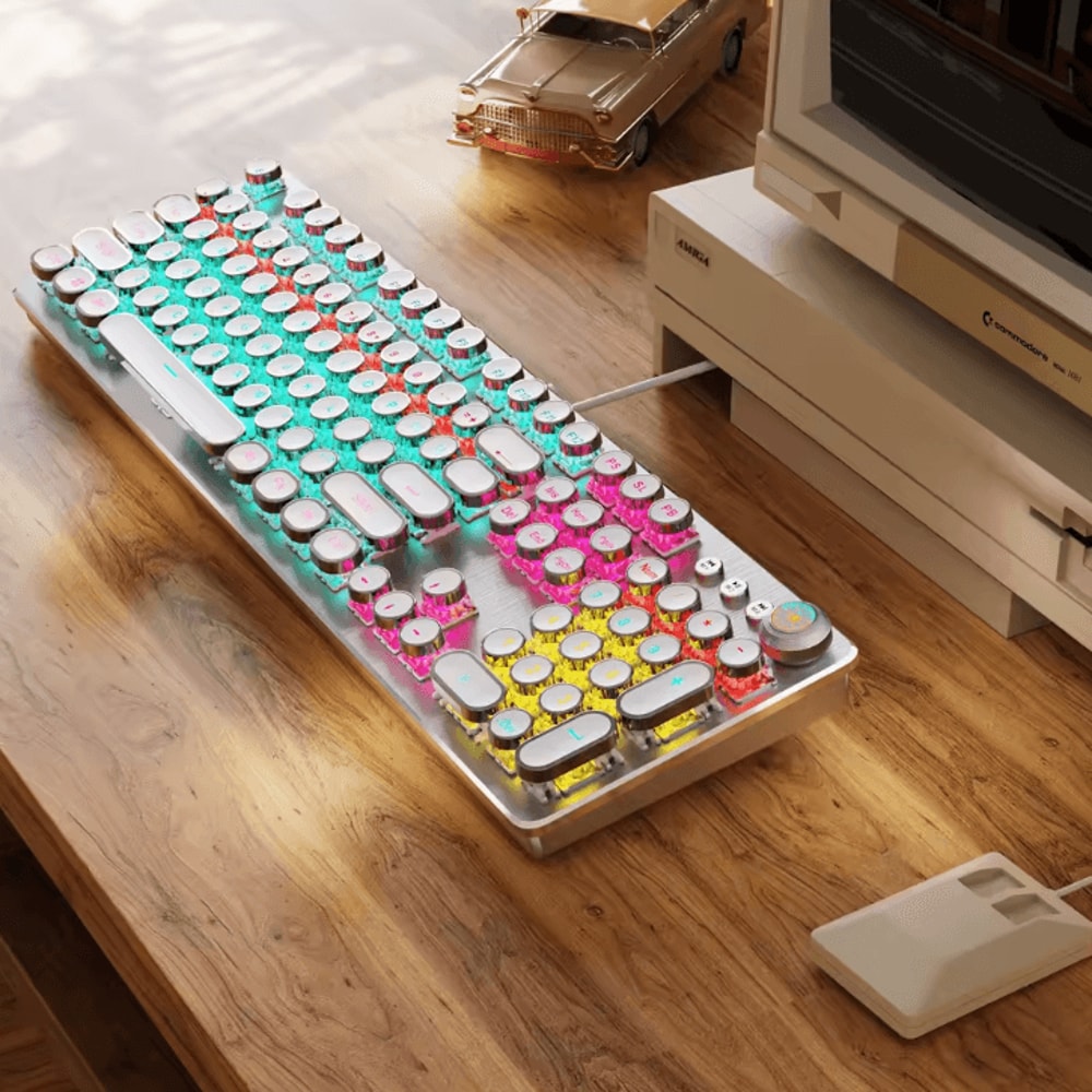 EWEADN Retro Punk Typewriter Blue Switch Mechanical Keyboard With All Metal Panel Wired USB For Gam 1