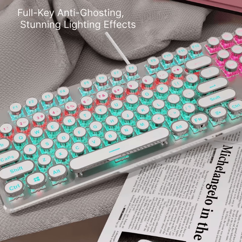 EWEADN Retro Punk Typewriter Blue Switch Mechanical Keyboard With All Metal Panel Wired USB For Gam 3