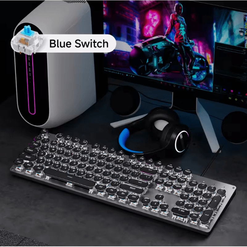 EWEADN Retro Punk Typewriter Blue Switch Mechanical Keyboard With All Metal Panel Wired USB For Gam 6