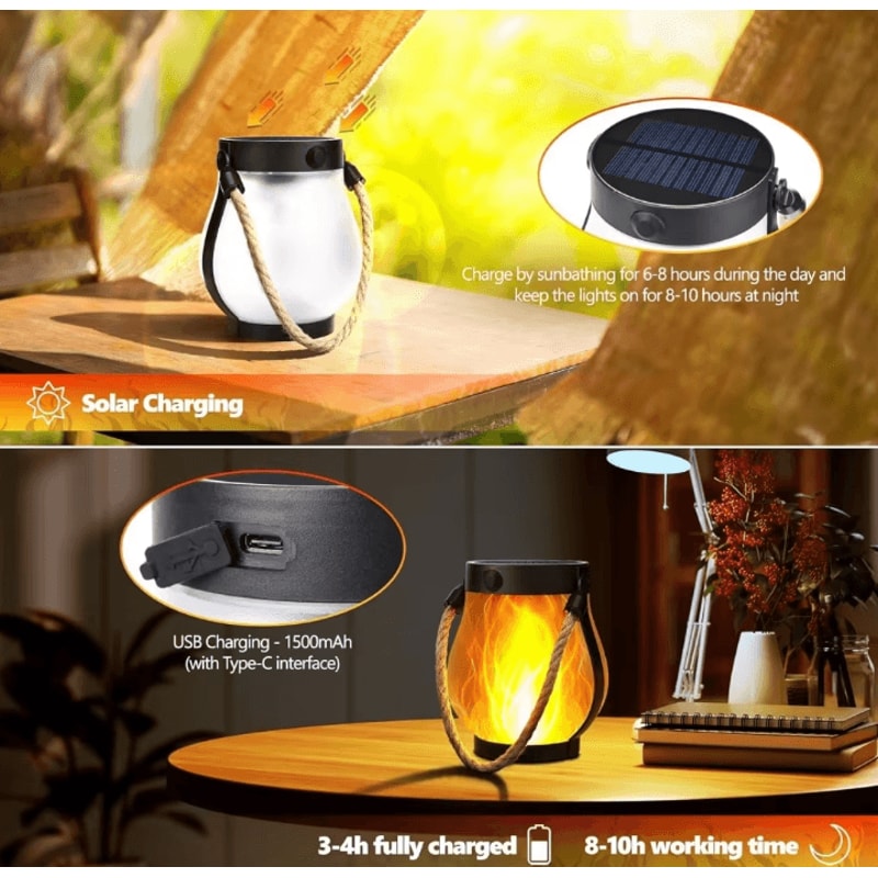 Solar Flickering Flame Lantern Hanging Outdoor With Rope Handle Solar And USB Charging For Garden Y 1