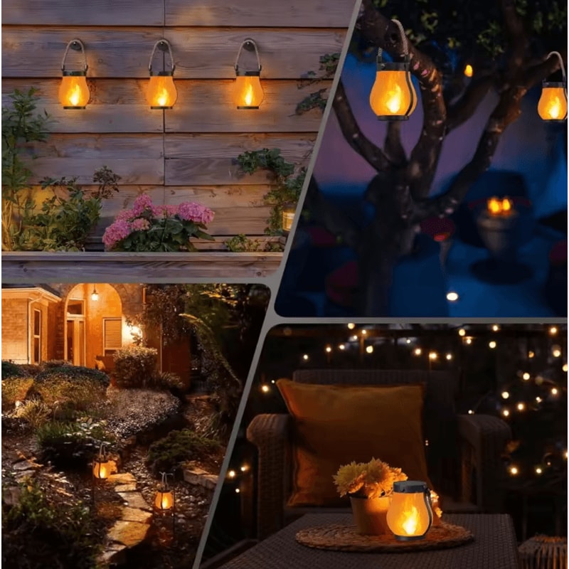 Solar Flickering Flame Lantern Hanging Outdoor With Rope Handle Solar And USB Charging For Garden Y 3