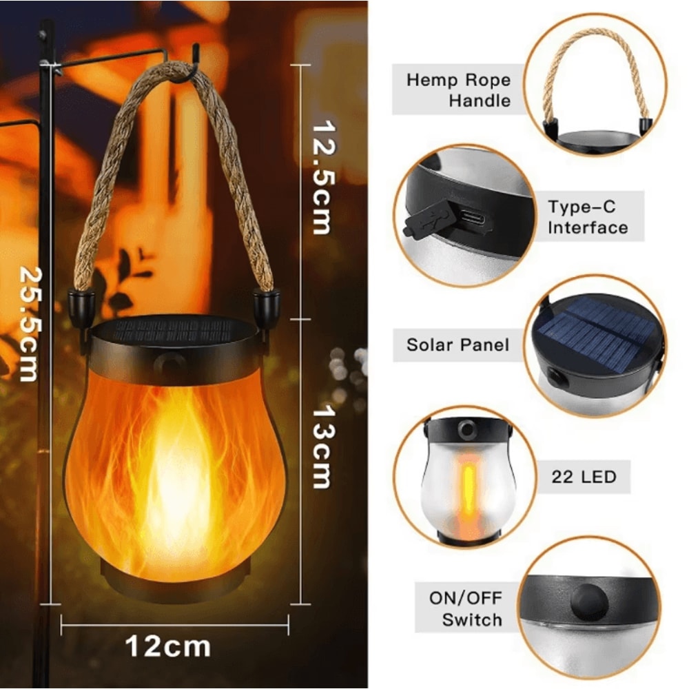 Solar Flickering Flame Lantern Hanging Outdoor With Rope Handle Solar And USB Charging For Garden Y 4