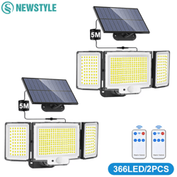 366 led solar motion sensor outdoor security lights with 3 heads waterproof garden flood light