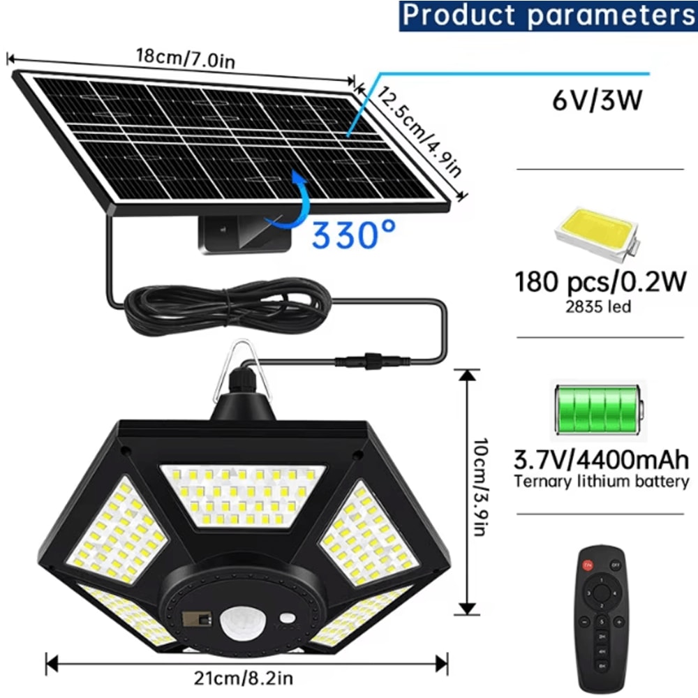 Solar 180 LED Pendant Shed Light 1000 LM RemoteControlled IndoorOutdoor Solar Lamp 5