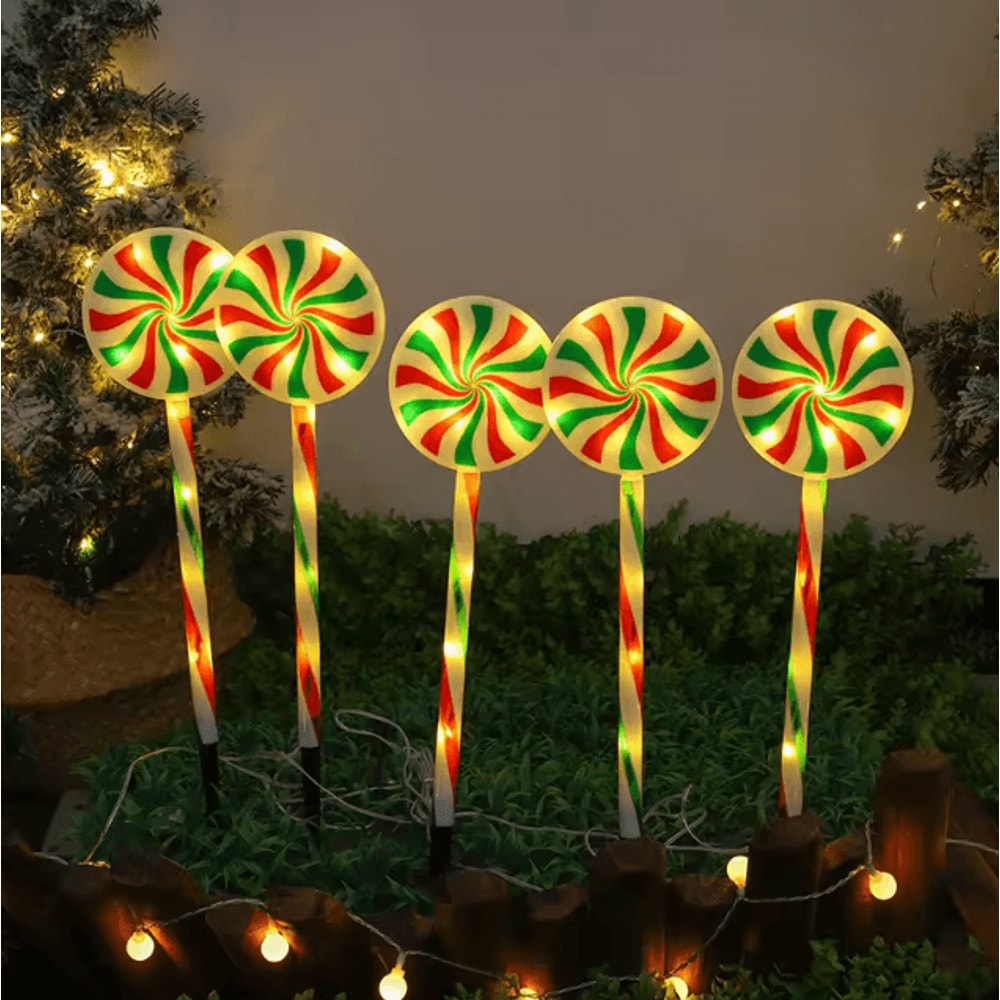 Solar 5Pack Candy Cane Christmas Pathway Lights Waterproof Outdoor Holiday Stakes 1
