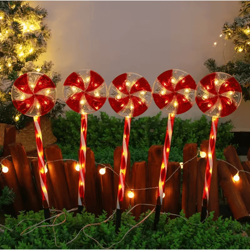 Solar 5Pack Candy Cane Christmas Pathway Lights Waterproof Outdoor Holiday Stakes 3