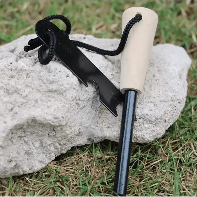 Wilderness Survival Flint Fire Starter Portable Magnesium Fire Kit With Wooden Handle For Camping 1