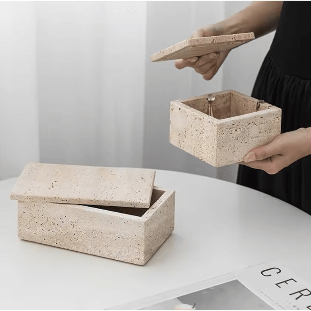Modern Natural Travertine Storage Box With Lid Elegant Desktop Organizer Decor 0