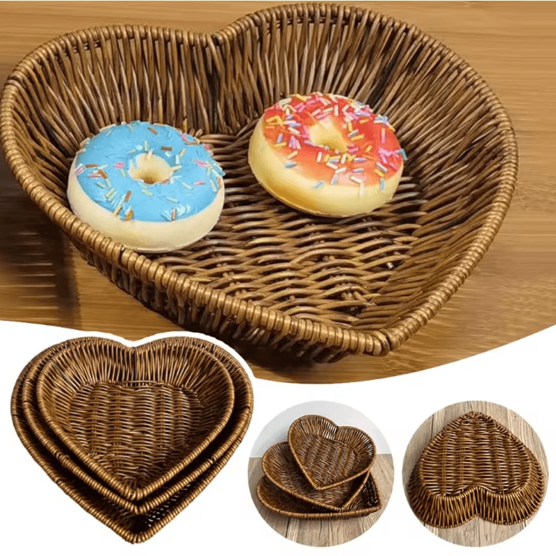 HeartShaped Woven Rattan Storage Basket Decorative Bread Fruit Serving Organizer 0
