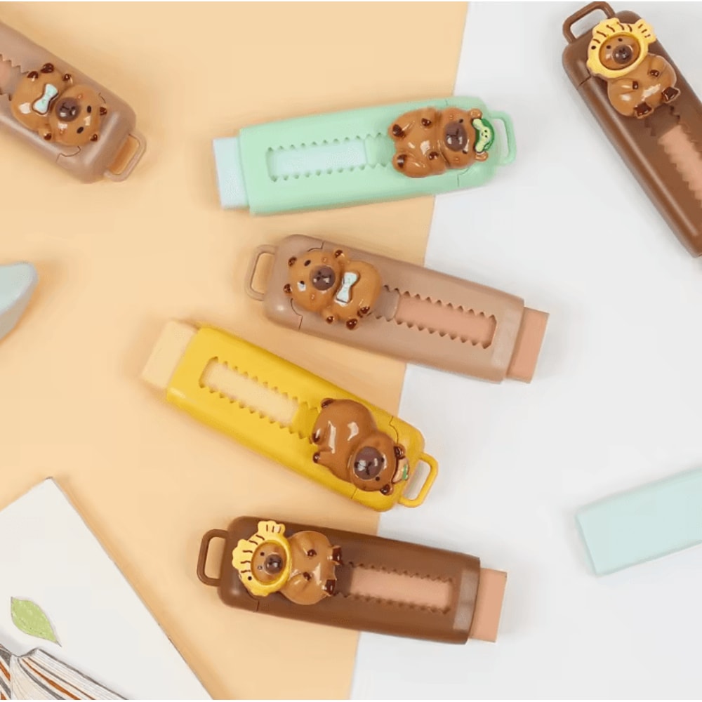 Cute Capybara Retractable Eraser Set For Kids Students School Supplies 0