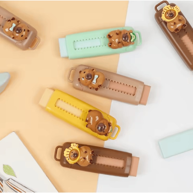 Cute Capybara Retractable Eraser Set For Kids Students School Supplies 0