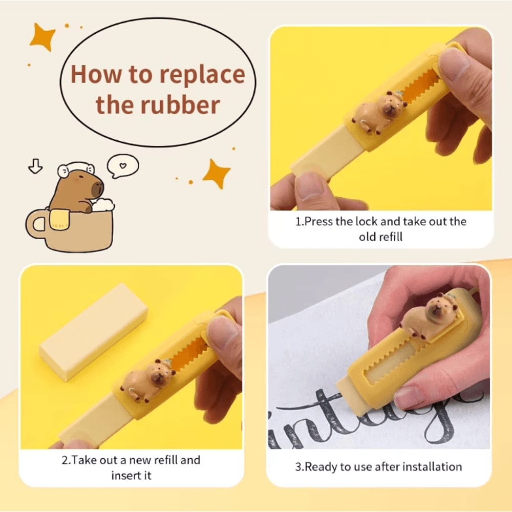 Cute Capybara Retractable Eraser Set For Kids Students School Supplies 3