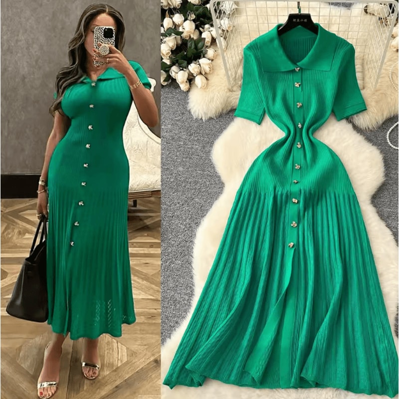 YuooMuoo Elegant Patchwork Knitted Maxi Dress With TurnDown Collar 0