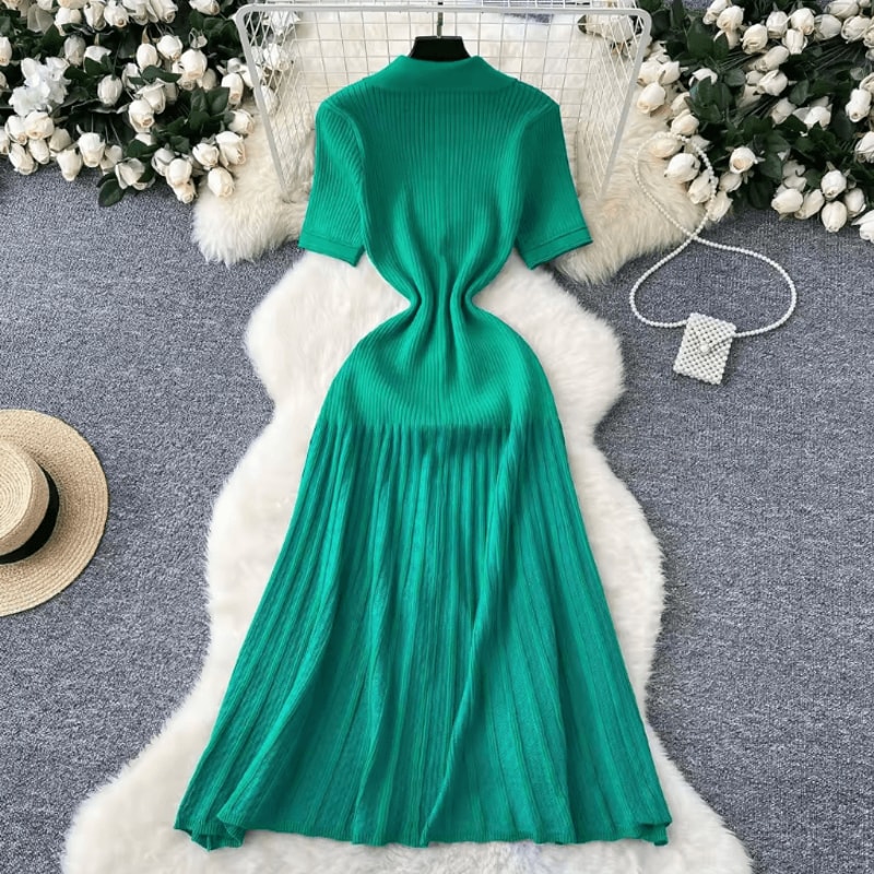 YuooMuoo Elegant Patchwork Knitted Maxi Dress With TurnDown Collar 4