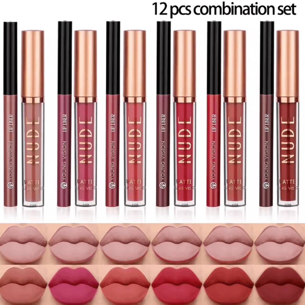 Young Vision 2Color Matte Rotatable Lip Liner Set Waterproof LongLasting Lip Contour Pencil 12