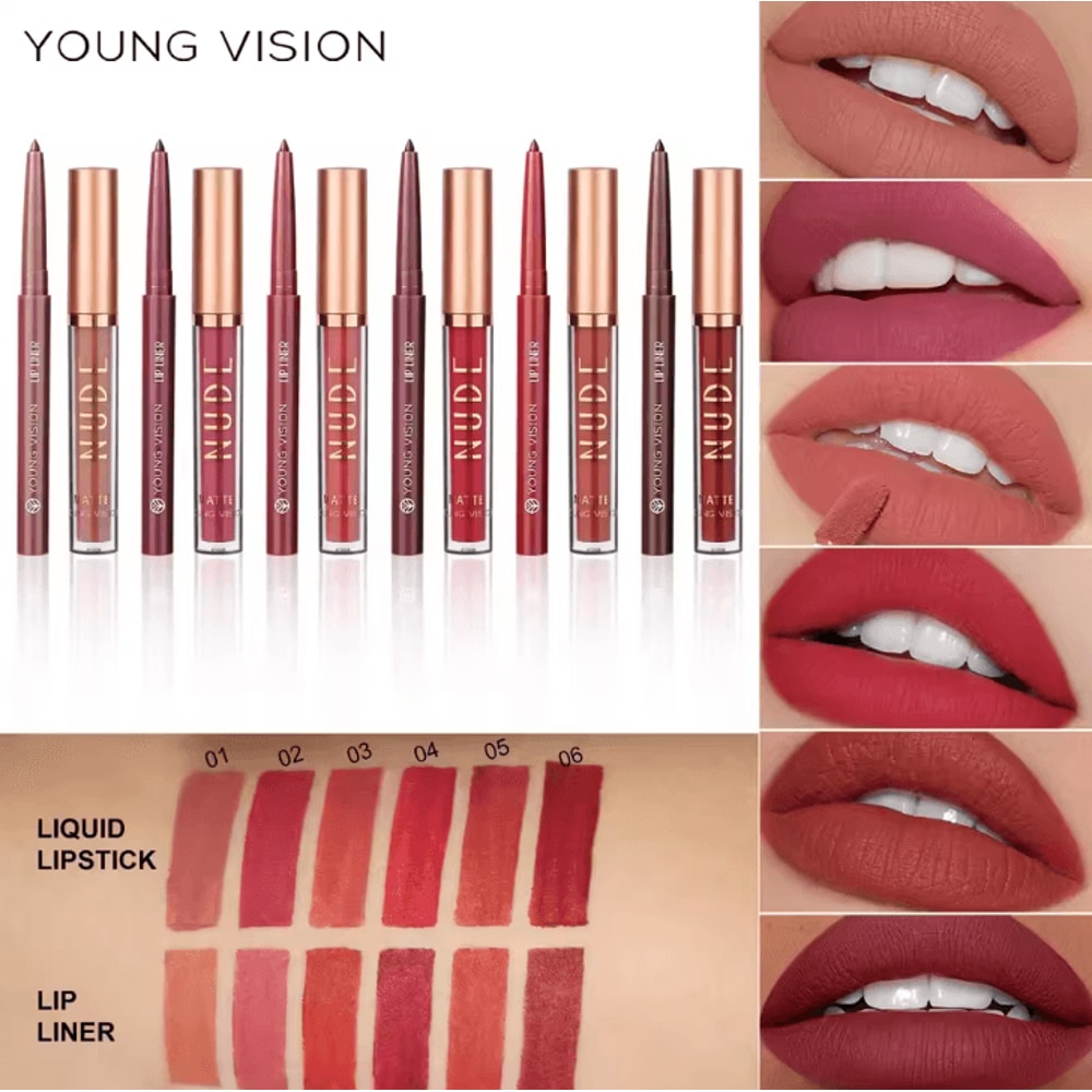 Young Vision 2Color Matte Rotatable Lip Liner Set Waterproof LongLasting Lip Contour Pencil 4