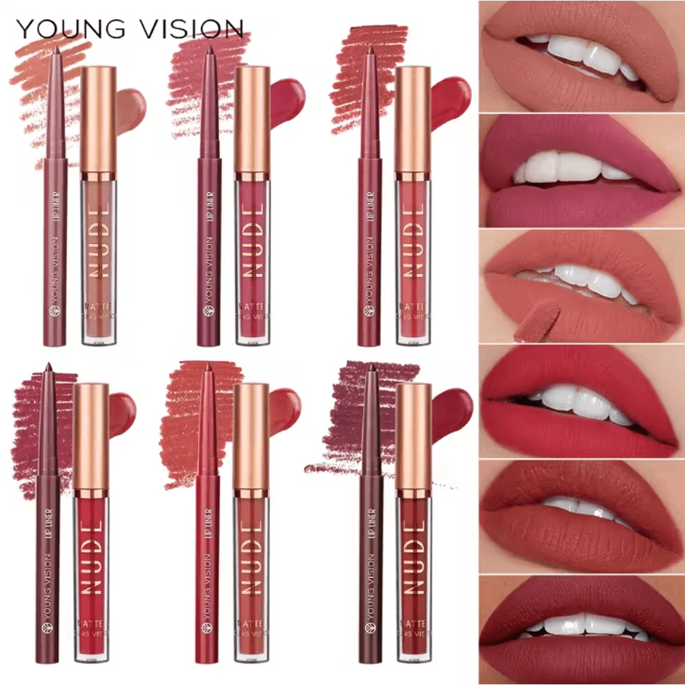 Young Vision 2Color Matte Rotatable Lip Liner Set Waterproof LongLasting Lip Contour Pencil 5
