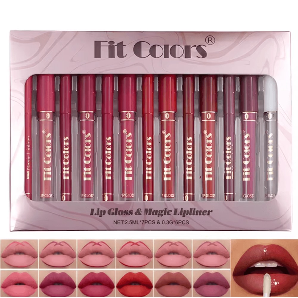 Fit Colors 13Piece Lip Liner Gloss Set Waterproof Matte LongLasting Lip Makeup Kit 0