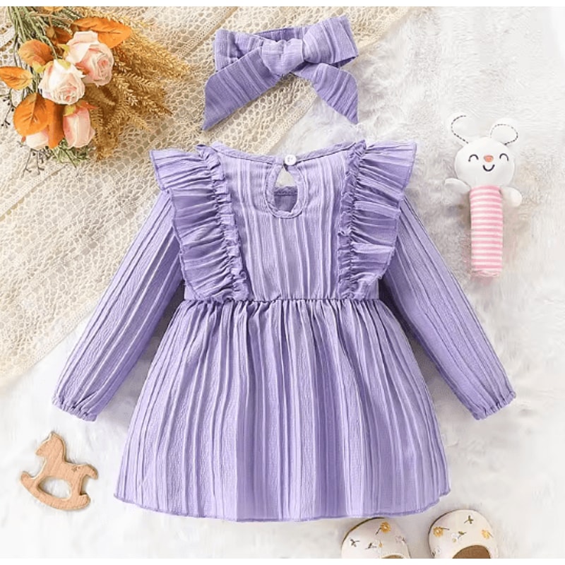 Purple Ruffled Baby Girl Dress With Butterfly Detail Matching Headband Long Sleeve Butterfly Baby 1